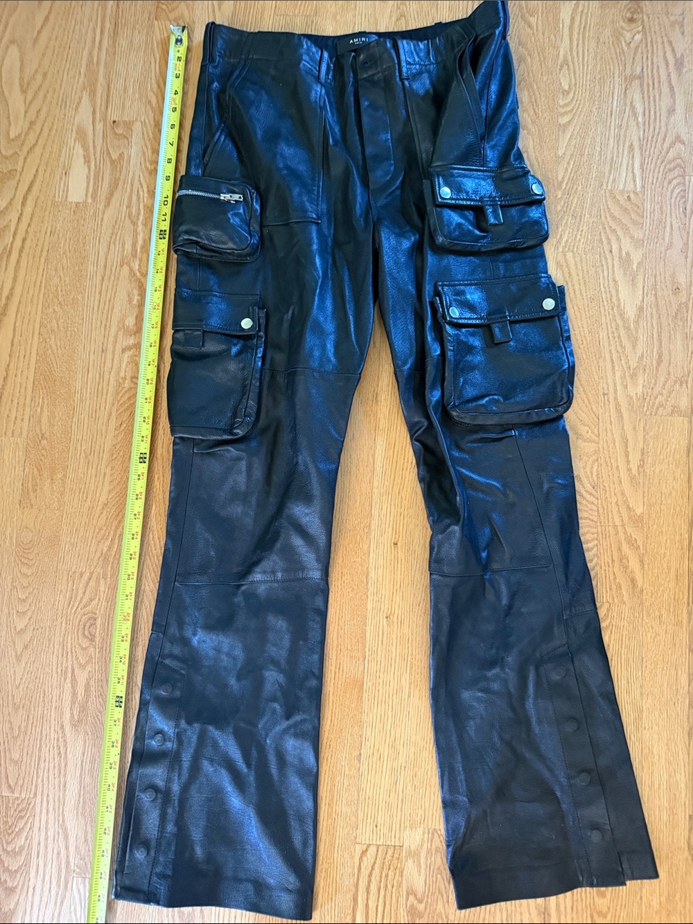 Amari Black Bovine Leather Cargo Trousers with Snap Pockets